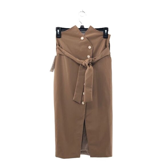Bardot Tie Waist Skirt in Tan / replaced buttons - Picture 2 of 12